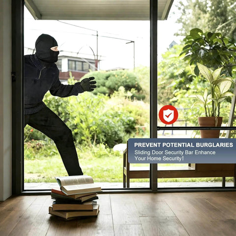 Intruder outside a glass sliding door showcasing prevention with Sliding Door Security Bar, 17.7-50.5inch Heavy Duty Adjustable Bar.