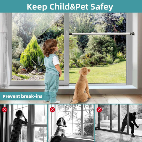 Child and dog near Sliding Door Security Bar,17-50 inch Adjustable Window Security Bars with Rubber Tips for Sliding Glass Door