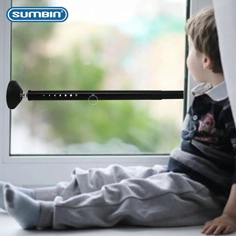 Two Pack Sliding Door Security Bar, Adjustable From Seventeen Point Five To Fifty Inches, Heavy Duty Inside Mount Security Bar For Sliding Glass Doors In Home Or Apartment, Enhances Bedroom And Patio Door Security, installed in a window with a child sitting nearby.