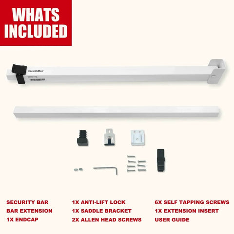 Sliding Door Security Bar-Child Proof Sliding Door Lock Bar with Anti Lift Lock and components on white background.