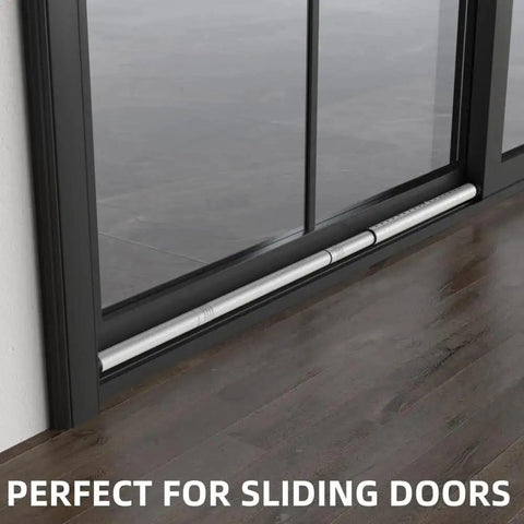 Adjustable Inside Mount Sliding Door Security Bar Fits 17.7 To 50.5 Inches, white metal stopper installed on sliding door.