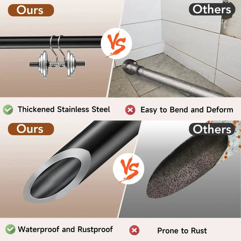Comparison of thickened stainless steel adjustable sliding door security bar and regular rod showing durability and rust resistance.