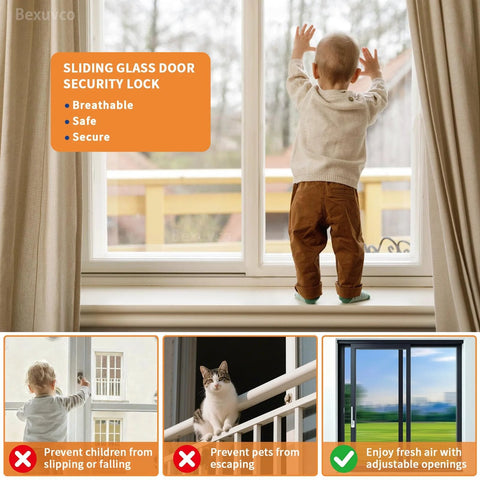 Sliding Door Security Lock For Fresh Air Ventilation Durable Metal Construction For Child And Pet Safety displayed with safety features.