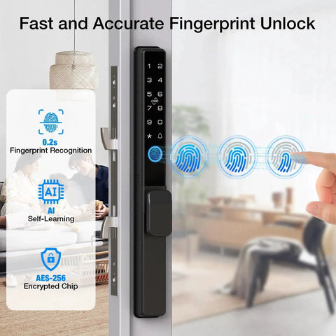 Sliding Door Smart Lock With Fingerprint And Six In One Access Pin Code RFID Card Physical Key App Control And One Time Code Durable Mortise Lock With Handle For Sliding Glass And Patio Doors Supports Up To 300 Users For Homes And Rentals, showing fingerprint recognition on a sliding glass door