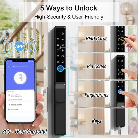 Sliding Door Smart Lock With Fingerprint And Six In One Access Pin Code RFID Card Physical Key App Control And One Time Code Durable Mortise Lock With Handle For Sliding Glass And Patio Doors Supports Up To 300 Users For Homes And Rentals showing unlocking methods with app and RFID card.