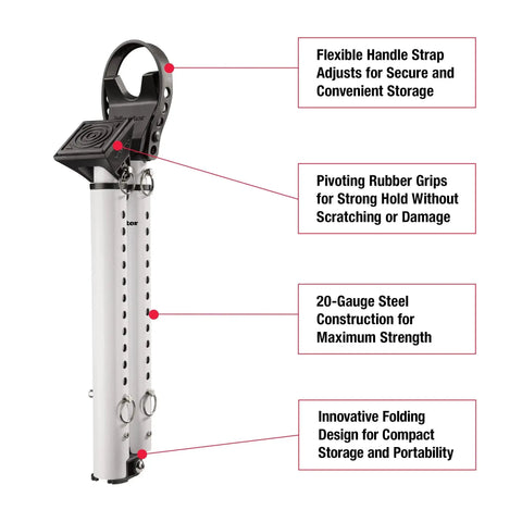 Sliding Door Stopper And Dual Function Security Bar For Hinged And Sliding Doors, Adjustable From Twenty Five And A Half Inches To Forty Three And A Half Inches, Indoor Use, Folding Design For Compact Storage And Travel, White. Image shows features like flexible handle strap, pivoting rubber grips, 20-gauge steel construction, and folding design.