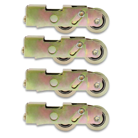 4 Pack Sliding Patio Door Tandem Roller Assembly Replacement For Sliding Glass Doors And Screen Doors With 1-1/4 Inch Steel Ball Bearing Wheels And Heavy Duty Dual Iron Bearings For Smooth Quiet Operation, showing four roller assemblies.