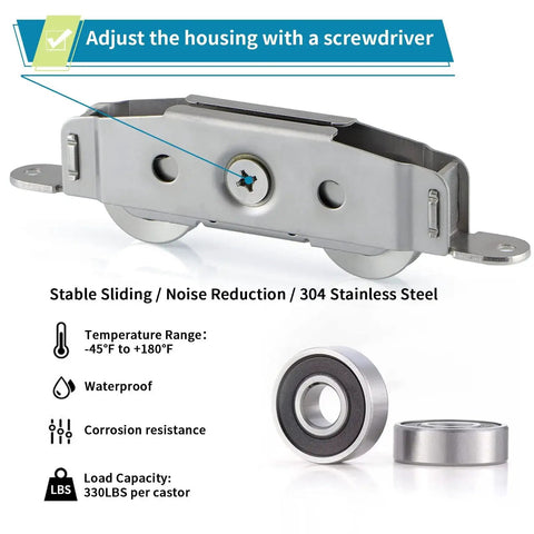 Sliding Door Tandem Roller Assembly in 304 Stainless Steel for Patio Doors, Replacement Roller Set with 330 Lbs Load Capacity