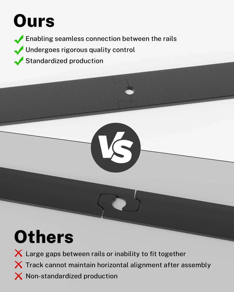 Comparison of Sliding Barn Door Hardware Kit - 5 FT Heavy Duty Steel Rail with seamless connection versus others with gaps