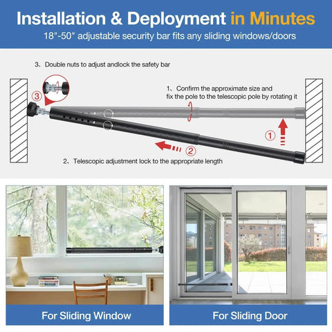 Installation diagram of Sliding Door Security Bar 18 To 50 Inches Adjustable Window Security Bar With Rubber Tips