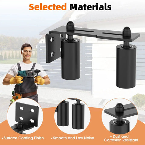 Heavy Duty Sliding Gate Guide Roller Hardware Kit With 4 Inch Black Nylon Wheels And Steel L Bracket shown with installation demonstration.