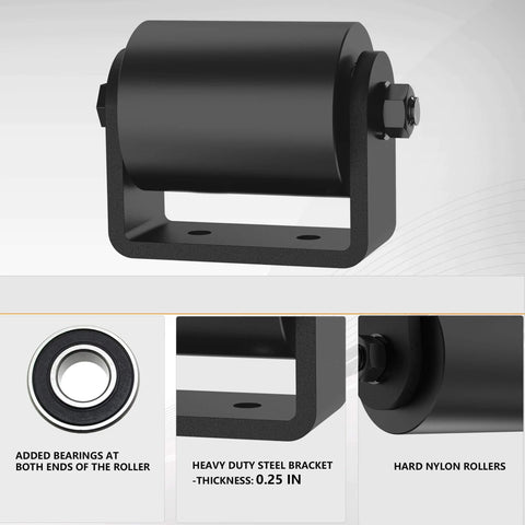 Close-up of 3 Inch Sliding Gate Guide Rollers 2 Pack with C Post Welded Bracket, showcasing hard nylon rollers and steel bracket.