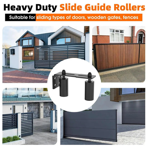 Heavy Duty Sliding Gate Guide Roller Hardware Kit With 4 Inch Black Nylon Wheels And Steel L Bracket in use on various gates