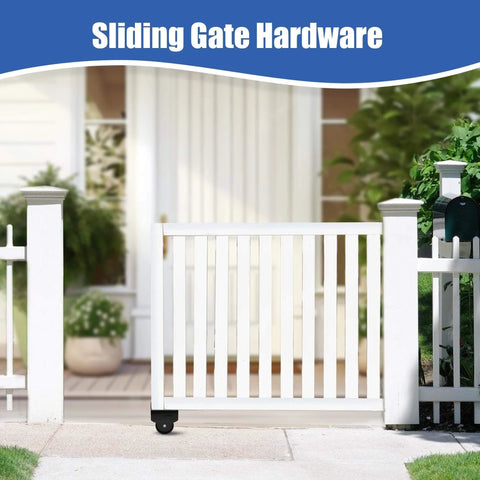 Sliding Gate Hardware Kit Heavy Duty Rolling Gate System for Metal and Wooden Outdoor Gates shown on a white wooden gate.
