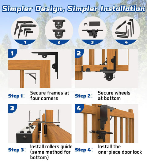 Installation steps for Heavy Duty Sliding Gate Kit with Latch and Manual Universal Hardware for Wooden Gates with smooth operation.