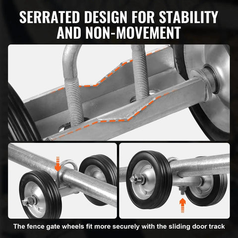 Close-up view of Sliding Gate Kit 6 Inch Rolling Gate Hardware Kit showing corrosion resistant wheels and steel frame