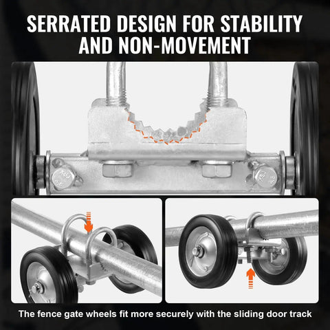 Close-up of Six Inch Sliding Gate Kit With Heavy Duty Rollers And 600 Lb Load Capacity showcasing rust-resistant wheels and zinc-coated frame.