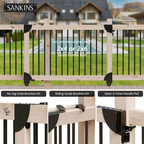 Heavy Duty Sliding Gate Kit Adjustable Hardware for Wood Fence with Anti Sag Corner Brace Gate Latch and Smooth Rolling Wheels