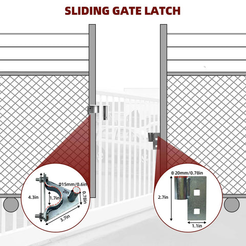Sliding gate latch on a farm fence, part of Rolling Gate Hardware Kit for Farm Fence and Sliding Gates with 6 Inch Double Wheel Carrier