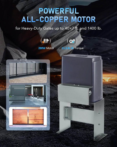 Automatic Sliding Gate Opener with Safety Sensor 280W Motor Kit for Driveway Gates up to 1400lb, all-copper motor shown.