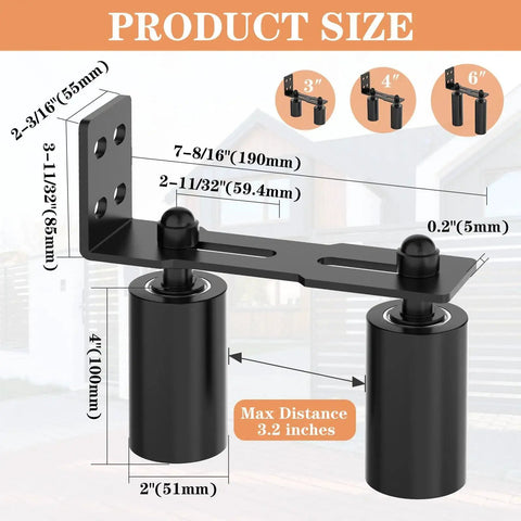 Sliding Gate Roller Guide Set With Heavy Duty Steel L Bracket And Adjustable Four Inch Nylon Support, product dimensions displayed