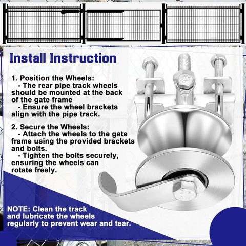 Install instructions for 2 Pack Sliding Gate Rollers For Chain Link Gates, shows rear pipe track wheels setup.