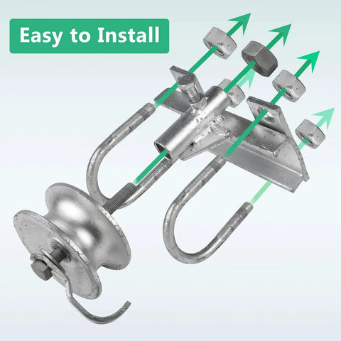 Sliding Gate Rollers Set With Five Inch Wheels For Two Inch Gate Frames And One And Five Eighths Inch Track Pipe Heavy Duty Malleable Iron Gate Hardware Two Pack With Double U Bolts Maintenance Free Durable And Smooth Operation, shown disassembled with arrows and bolts labeled.