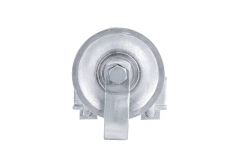 Front view of sliding gate rollers for chain link gates with rear pipe track wheels and double U bolt, heavy-duty steel construction.