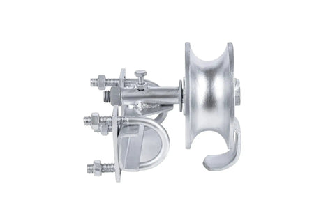 Side view of Sliding Gate Rollers For Chain Link Gates With Rear Pipe Track Wheels And Double U Bolt, Fits One Seven Eighths Inch Or One Five Eighths Inch Gate Frames, Durable Steel Construction For Outdoor Use, Heavy Load Capacity.