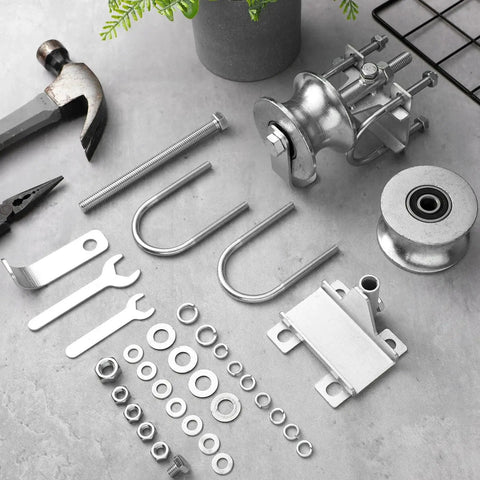 Components for 2 Pack Sliding Gate Rollers For Chain Link Gates, rear pipe track wheels, tools, and hardware on a gray surface.