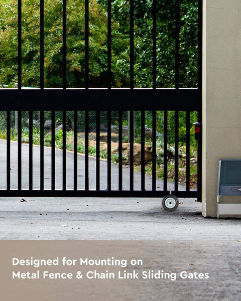 Mounted 6" Heavy Duty Sliding Gate Wheel for Metal Tube Gate, chain link fence gate wheel visible on concrete driveway.