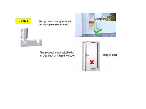 Diagram showing Sliding Glass Door Foot Lock (Kick Lock) compatibility with sliding doors, not suitable for hinged doors, in white.