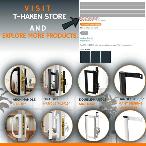 Collage of various sliding door handles with different designs and sizes on a store promotional image.