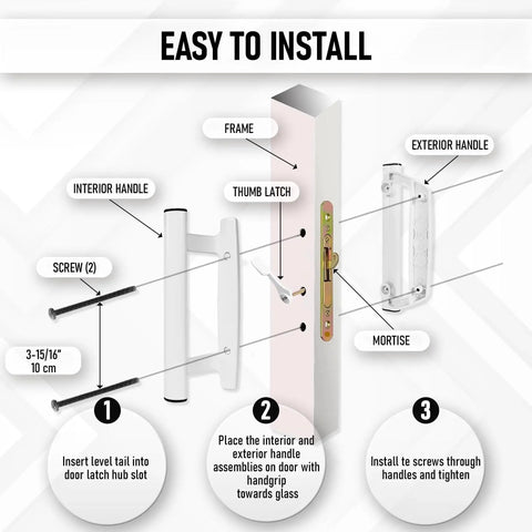 Installation guide showing parts of Sliding Glass Door Handle Replacement Kit With White Mortise Handle And Non Keyed Lock All Aluminum Construction Reversible Mortise Style Fits Doors From 1 3/8 Inch To 1 3/4 Inch 3 15/16 Inch Between Holes Ideal For Replacing Swollen Wood Handles.