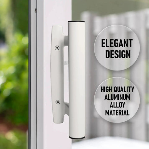 Sliding Glass Door Handle Replacement Kit With White Mortise Handle And Non Keyed Lock All Aluminum Construction installed on glass door