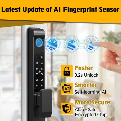 Sliding Glass Door Lock With Five Unlock Methods Including Fingerprint Passcode RFID Card Bluetooth App And Backup Key For Keyless Entry And Smart Access showing fingerprint sensor with AI technology