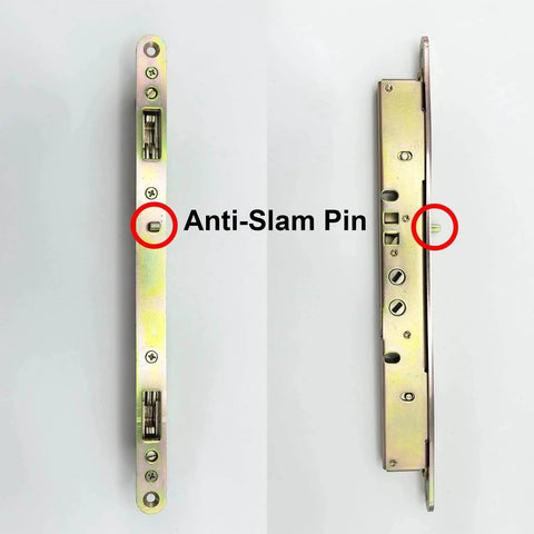 2 Point Sliding Patio Glass Door Mortise Lock with 11-3/4" Faceplate showing dual point hooks and anti-slam pin details