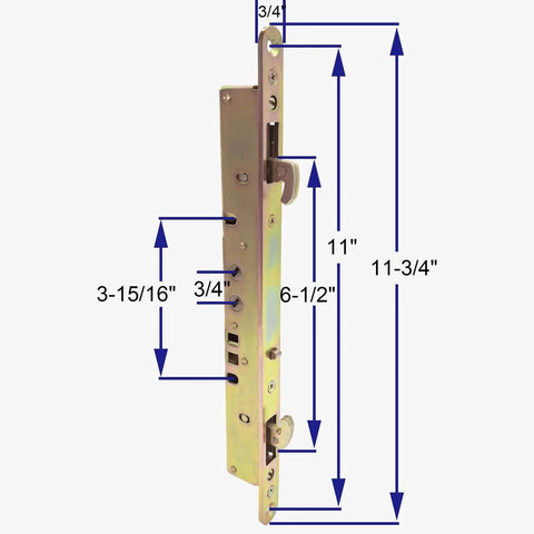 Side view of 2 Point Sliding Patio Glass Door Mortise Lock with 11-3/4" Faceplate, showing dual hooks and measurement details.