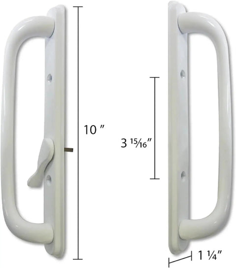 10 Inch Sliding Patio Glass Door Offset White Pull Handle Set Replacement Non Keyed Fits 3 15/16 Inches Hole Spacing and 1 1/4 To 2 1/4 Inches Door Thickness Four Hole Pattern Escutcheon Plate Height 10 Inches.