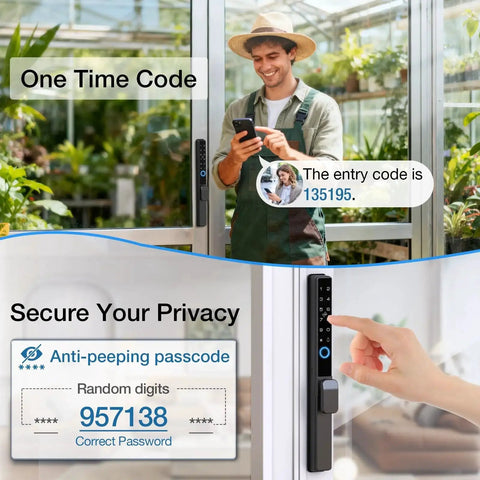 Person using Sliding Door Smart Lock With Fingerprint And Six In One Access Pin Code RFID Card Physical Key App Control And One Time Code Durable Mortise Lock With Handle For Sliding Glass And Patio Doors Supports Up To 300 Users For Homes And Rentals outdoors