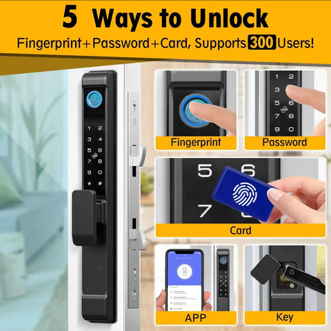 Sliding Glass Door Lock With Five Unlock Methods Including Fingerprint Passcode RFID Card Bluetooth App And Backup Key