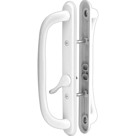 Offset white pull handle set for 10 Inch Sliding Patio Glass Door, non keyed, fits 3 15/16 inches hole spacing, 1 1/4 to 2 1/4 inches thickness.