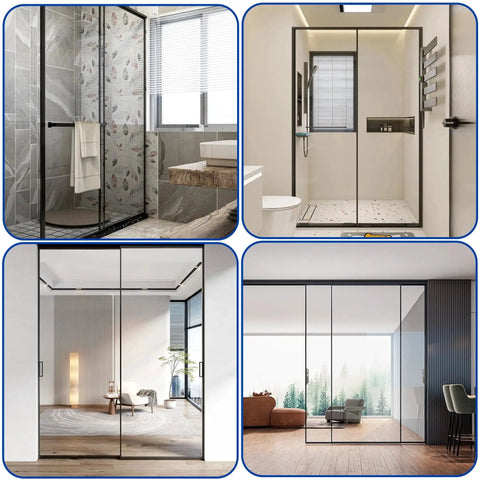 Collage of modern bathrooms featuring clear sliding shower door bottom guide set for top hung glass doors, various views.