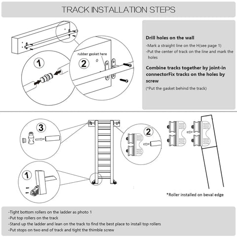Installation steps diagram for 12 Foot Sliding Library Ladder Hardware Kit For Black Retractable Rolling Ladder With Braking Casters Adjustable Upright Position Max Load 300 Pounds No Ladder Included All In One Kit For Easy Weekend Installation