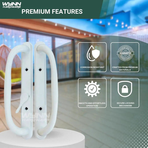 10 Inch Sliding Patio Glass Door Offset White Pull Handle Set Replacement Non Keyed Fits 3 15/16 Inches Hole Spacing and 1 1/4 To 2 1/4 Inches Door Thickness Four Hole Pattern Escutcheon Plate Height 10 Inches shown on patio with features highlighted