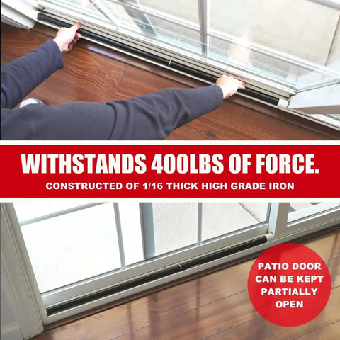 Image showing 2 In 1 Door Security Bar And Sliding Patio Bar With Interchangeable Caps in use on sliding patio door, withstands 400lbs force, adjustable from 18.25 to 47.5 inches.