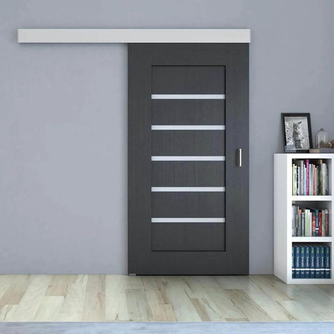 Sliding/Pocket Door Hardware Kit - 59-inch Track for 1 Door Up to 130lbs - SLID'UP 160 installed on dark wood door in living room