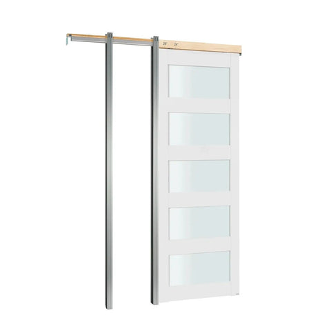 Sliding Pocket Door 30 X 80 With 5 Lite Frosted Glass And Hardware Kit, solid wood, MDF slab, pre-drilled panel, front view.