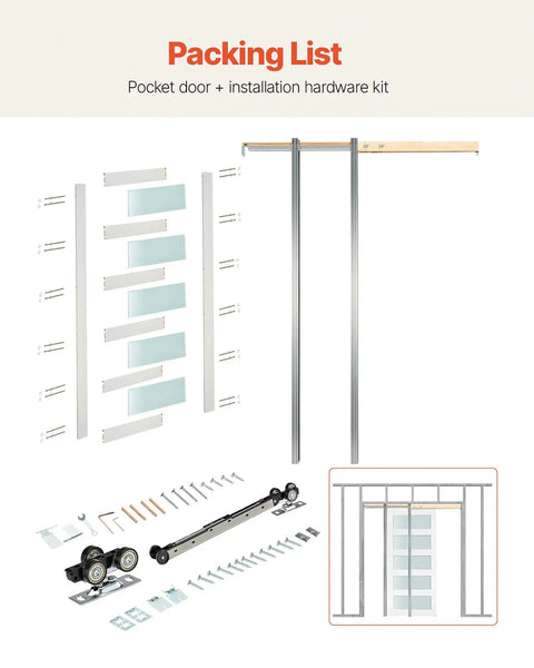 Sliding Pocket Door 30 X 80 With 5 Lite Frosted Glass And Hardware Kit Solid Wood And MDF Slab Waterproof Surface Pre Drilled Panel