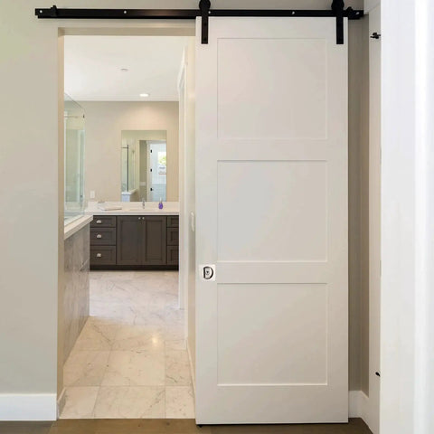 Pocket Door Lock With Keys And Invisible Recessed Handle Latch For Barn Doors And Wood Furniture, installed on white sliding door